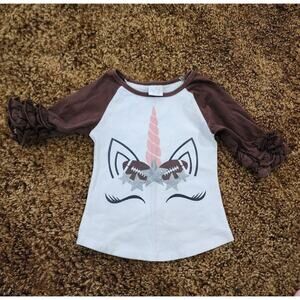 Girls Football Unicorn White Brown Ruffle 3/4 Sleeve Top Shirt Size Small
